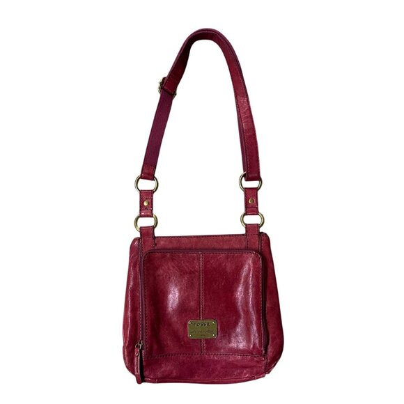 Fossil Red Leather Crossbody Purse 1954 Adjustable Strap Brass Accents READ - Picture 2 of 15